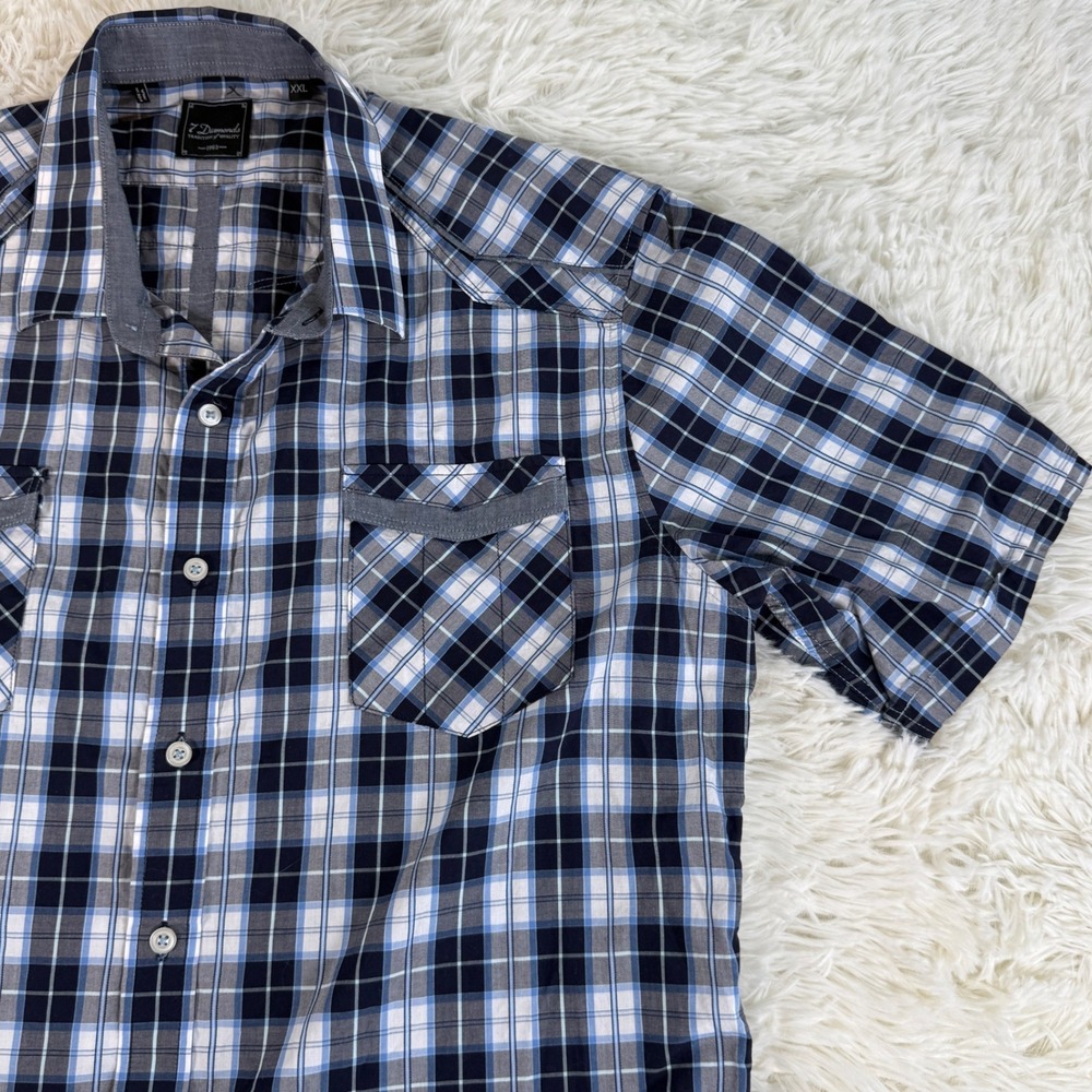 7 Diamonds Mens Plaid Short Sleeve Button Down Shirt XXL Blue White Black Casual